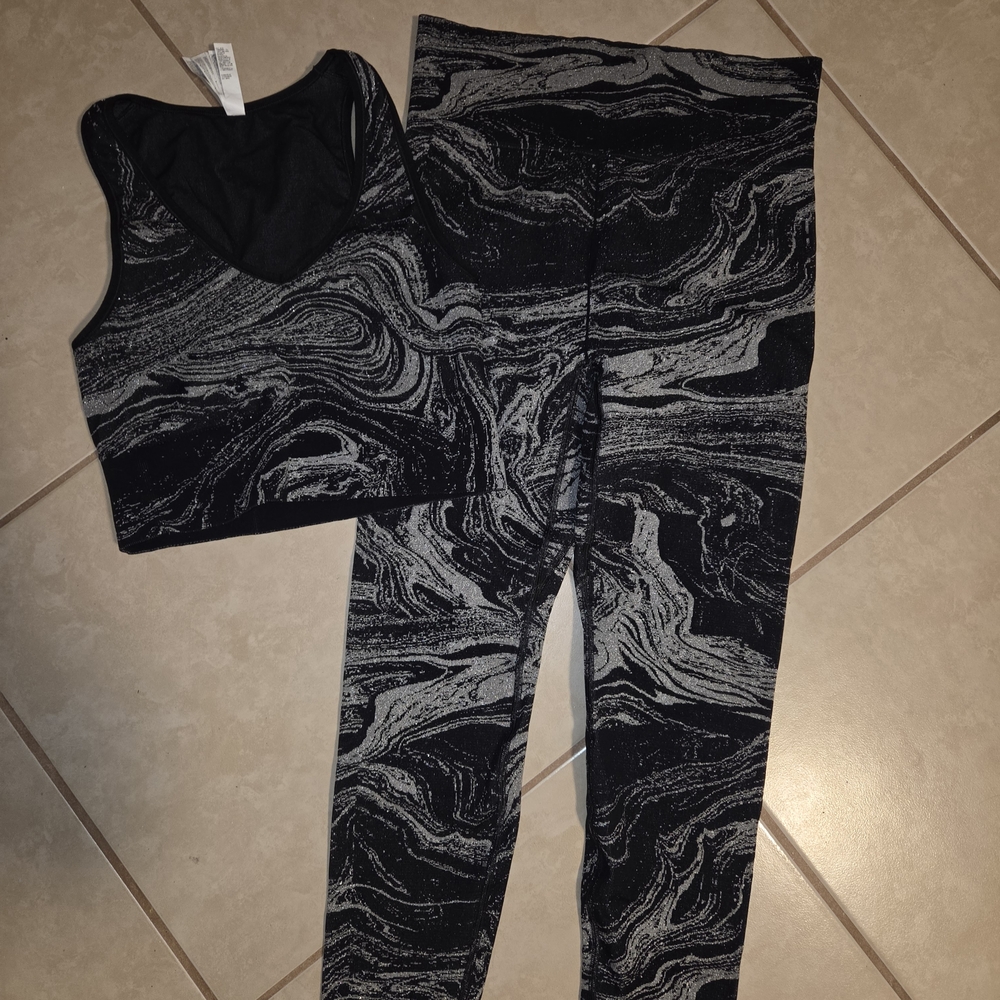 Athleta Set Black & Gray Marble-Print Leggings with Matching Crop Tank